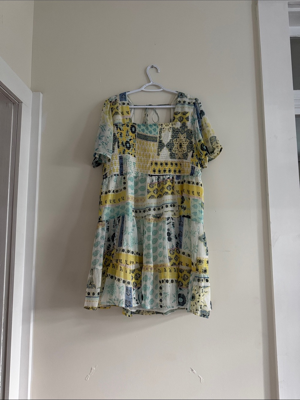 Patchwork Short Sleeve Mini Dress in Yellow & Aqua